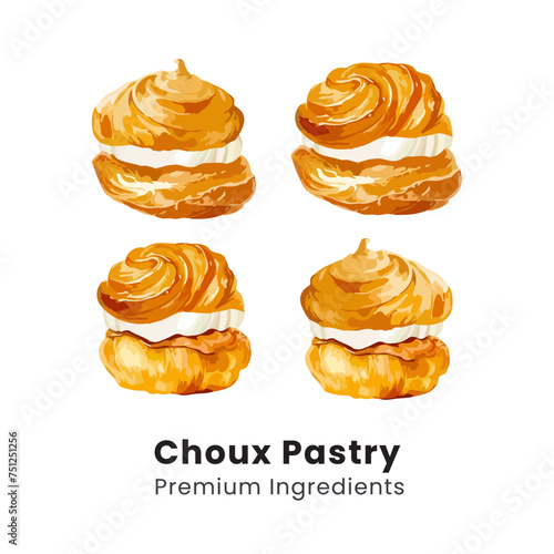 Hand drawn vector illustration of choux pastry cream puff dessert