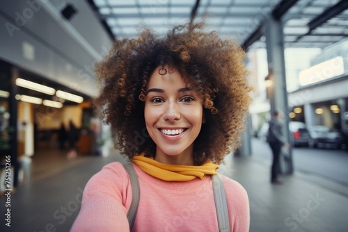 Young trendy beautiful mixed race woman with an afro smiling and posing for a selfie © Stefan