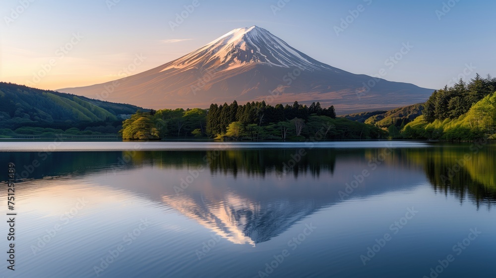 Lake view to the breathtaking Sunrise over Fuji mountain from the bank of the lake or river with still water