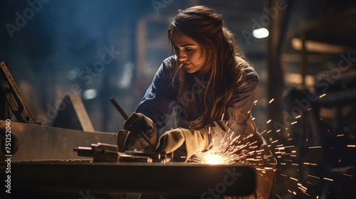 Young woman welding in factory