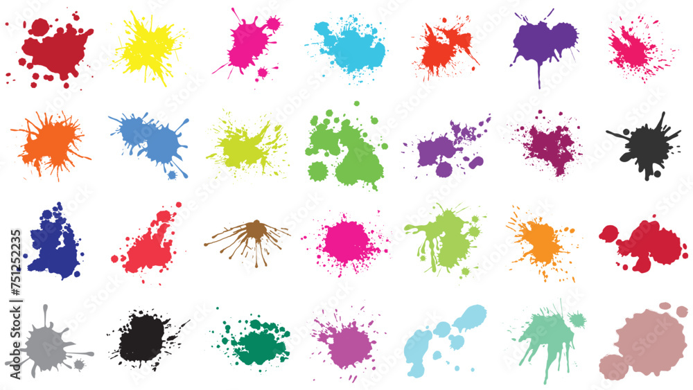 Color paint splatter. Spray paint blot element. Colorful ink stains mess.Colorful paint splatters. Watercolor spots in raw and paint splashes collection,Illustration drop splatter paint. - obrazy, fototapety, plakaty 