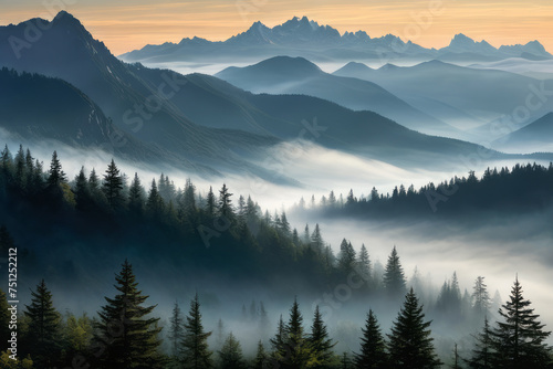 Mist-engulfed peaks rise above a dense forest. Morning fog