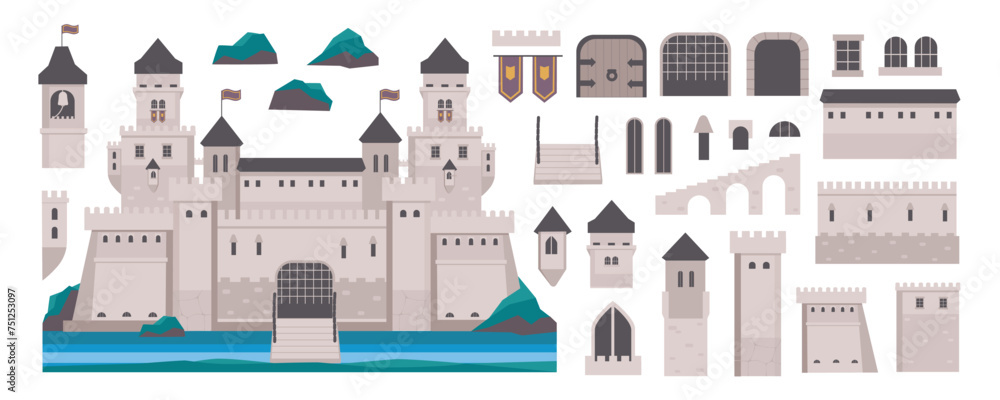 Naklejka premium Medieval castle elements constructor mega set in flat graphic design. Creator kit with ancient kingdom palace exterior, gates, towers, doors, windows, flags and archways, other. Vector illustration.
