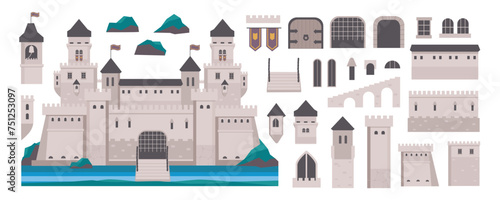 Medieval castle elements constructor mega set in flat graphic design. Creator kit with ancient kingdom palace exterior, gates, towers, doors, windows, flags and archways, other. Vector illustration.