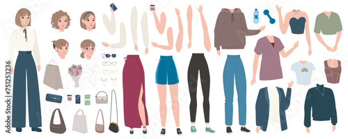 Woman character elements constructor mega set in flat graphic design. Creator kit with caucasian female, body legs and arms, heads with hairstyles, stylish cloth, accessories. Vector illustration.