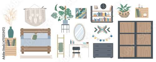 Bedroom interior elements constructor mega set in flat graphic design. Creator kit with bohemian style furnishing, bed, dressing table and chair, plants, paintings, bookshelf. Vector illustration.