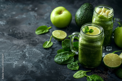 Healthy green smoothie in glass cups with elements of green spinach, lemon and apples on a semi-empty dark background with space for text or inscriptions. The theme of healthy eating detox 