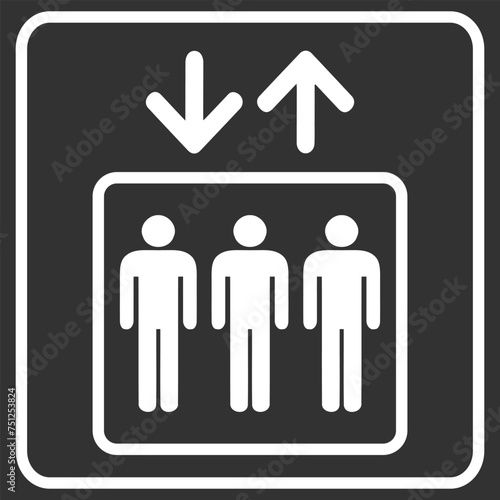 Lift icon with white border on dark grey background. Elevator icon isolated on barely dark background.