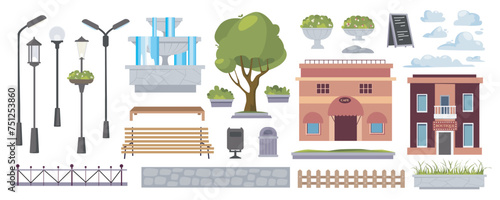 Park equipment elements constructor mega set in flat graphic design. Creator kit with street lanterns, fountain, green trees, benches, fences, buildings, urban infrastructure. Vector illustration.