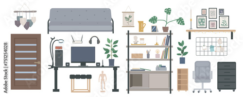 Room interior elements constructor mega set in flat graphic design. Creator kit with sofa, door, office desk with computer and armchair, shelf with decor and books, houseplants. Vector illustration.