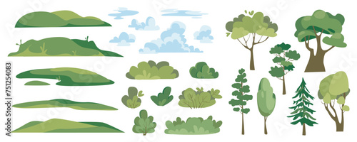 Summer landscape elements constructor mega set in flat graphic design. Creator kit with green hills  fluffy clouds  bushes and different trees  forest plants  woodland ecosystem. Vector illustration.