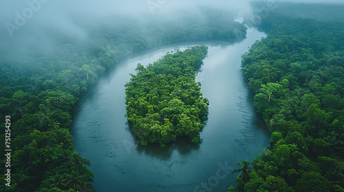 Top view of a large river that flows in the middle of a dense forest © Ruslan