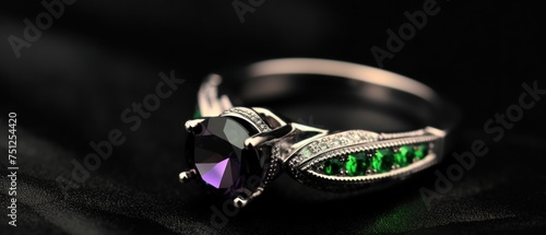 Wedding ring with gemstone on a black background with Copy Space. Wedding rings with diamonds on the table in a jewelry store with Copy Space.