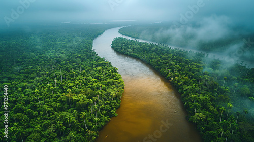 Top view of a large river that flows in the middle of a dense forest