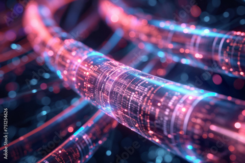 Background of glowing data cables transmitting information or fiber optic channels 