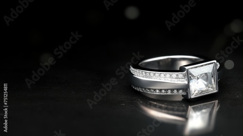 Wedding ring with diamonds on a black background. Jewelry background. Jewelry diamond ring on black stone background with copy space.
