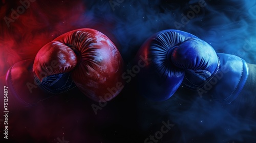 Red and blue boxing gloves on a dark background.