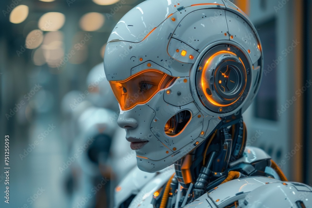 An advanced robotics laboratory with humanoid robots performing complex tasks alongside human researcher An advanced robotics laboratory with humanoid robots performing complex tasks alongside human researcher