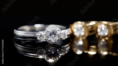 Wedding rings on a black background. Wedding rings with diamonds. Jewelry diamond ring on black stone background with copy space.
