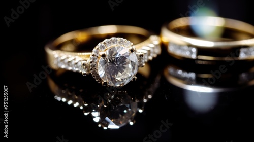 Wedding rings on a black background. Wedding rings with diamonds. Jewelry diamond ring on black stone background with copy space.