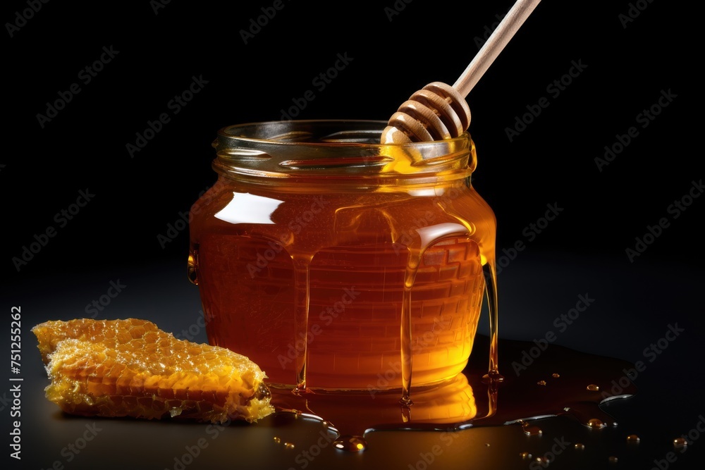 Jar of honey with honeycombs on a black backdrop, Honey on black background Illustration, Ai generated Jar of honey with honeycombs on a black backdrop, Honey on black background Illustration, Ai generated