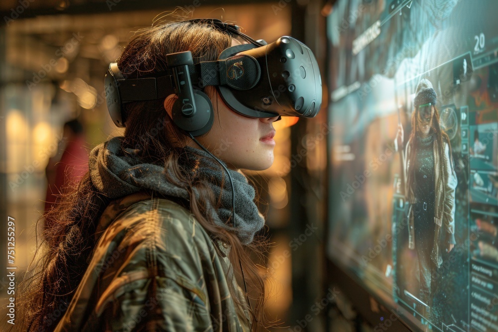 An immersive virtual reality (VR) experience, with a person wearing a headset and interacting with a digital environment An immersive virtual reality (VR) experience, with a person wearing a headset and interacting with a digital environment