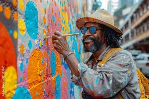 An artist painting a vibrant mural on a city wall, lost in their creative proces photo