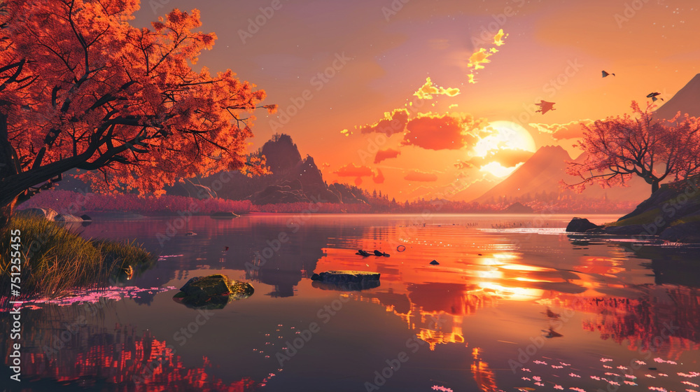 /imagine A serene sunset over a tranquil lake, reflecting vibrant hues of orange and pink.