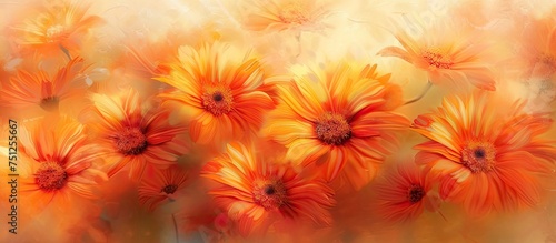 A painting of vibrant orange and yellow flowers with delicate petals captured on a white background. The soft focus enhances the beauty and detail of the floral arrangement.