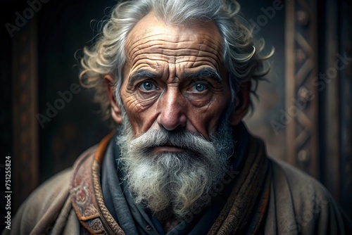 Portrait of an old man with a white beard and mustache.