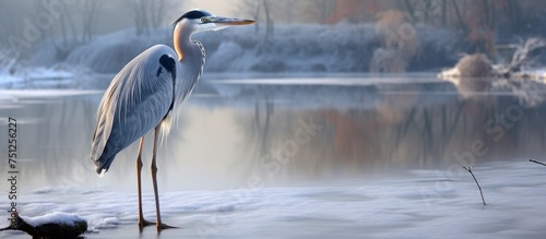 A Grey Heron, scientifically known as Ardea cinerea, standing majestically on a frozen lake, showcasing its long legs and elegant stature in the winter landscape. photo