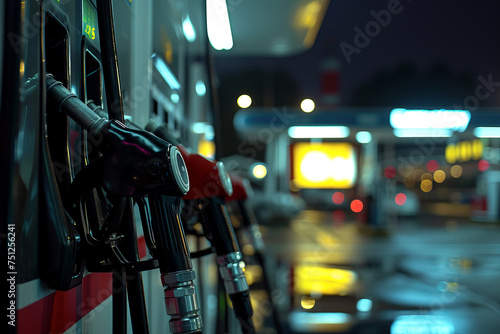 Refueling gun at gas station close up at night 