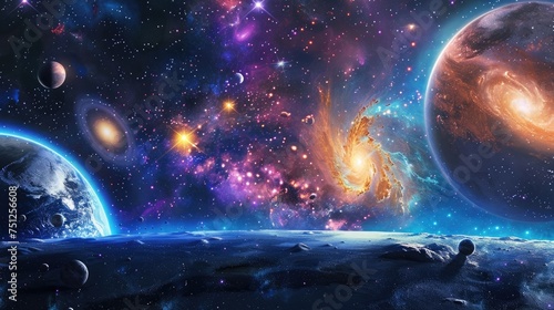 Planets, stars and galaxies in outer space showing the beauty of space exploration.