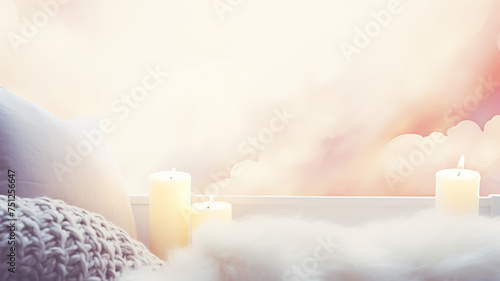 Burning candles near the window against the background of clouds  a postcard in pastel colors with a cozy atmosphere