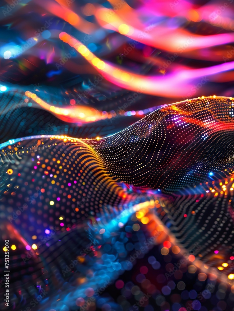 A colorful, abstract image of a wave with dots of light A colorful, abstract image of a wave with dots of light