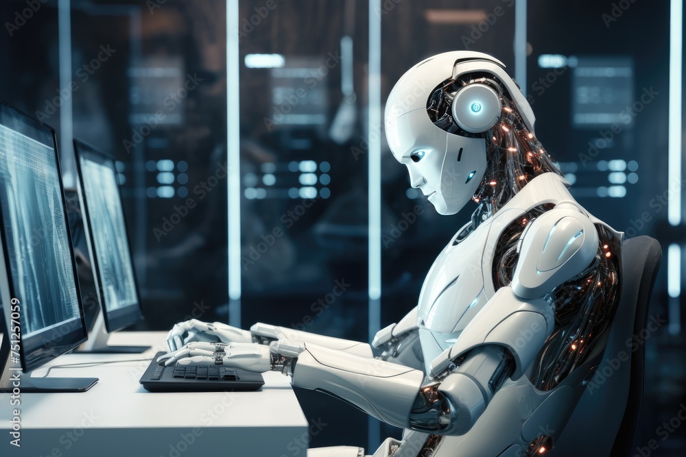 Humanoid robot interacting with computer screens, Chatbots working and chatting, Ai generated Humanoid robot interacting with computer screens, Chatbots working and chatting, Ai generated