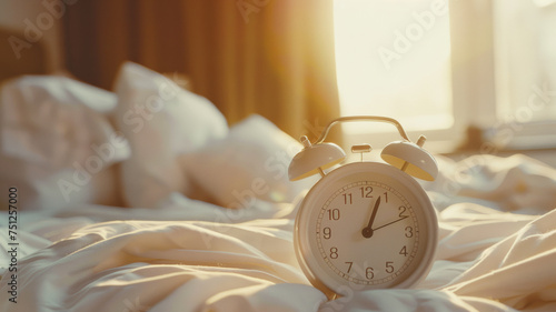 Morning alarm clock on rumpled bed sheets capturing the start of a new day.