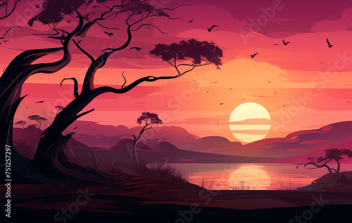 Picture of a sunset  red tones  rivers and mountains.