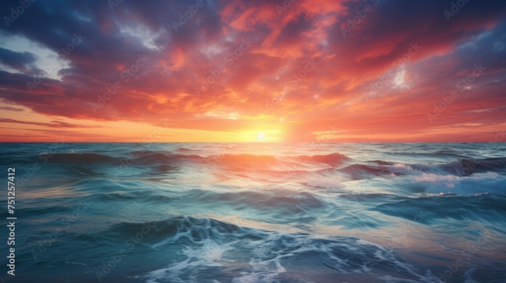 A vibrant sunrise over a calm ocean casting beautiful colors across the sky