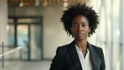 Poised young professional woman stands in office setting with a look of determination.