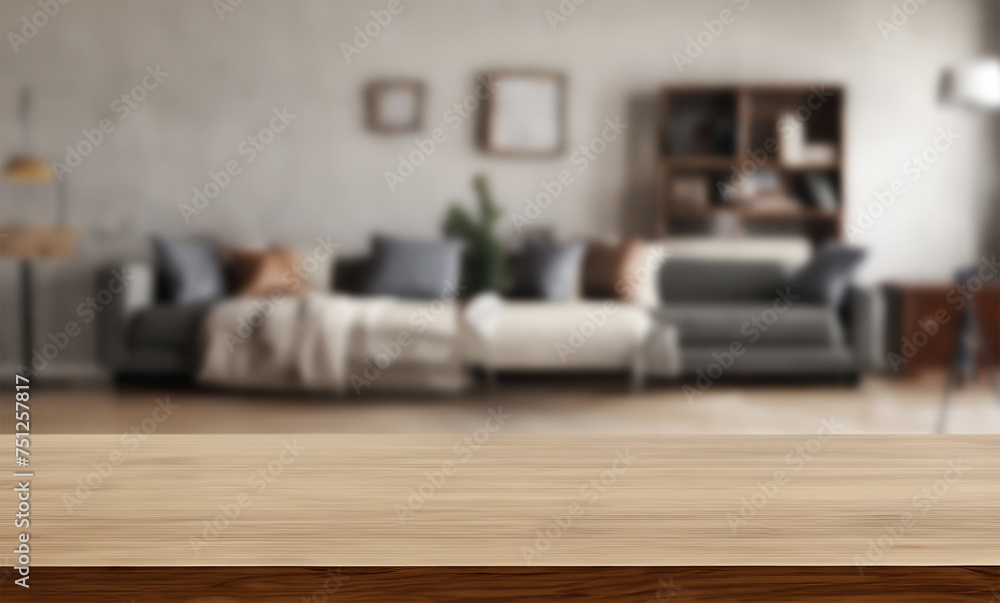 Wood table for product display with blurred living room Wood table for product display with blurred living room