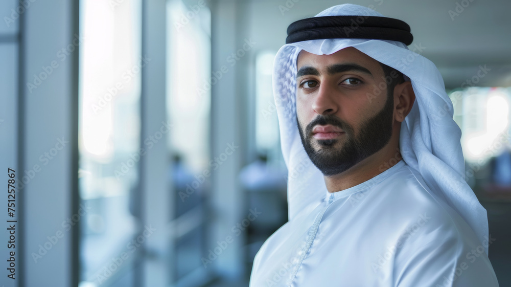 Thoughtful man in traditional attire standing in modern, light-filled environment. Thoughtful man in traditional attire standing in modern, light-filled environment.