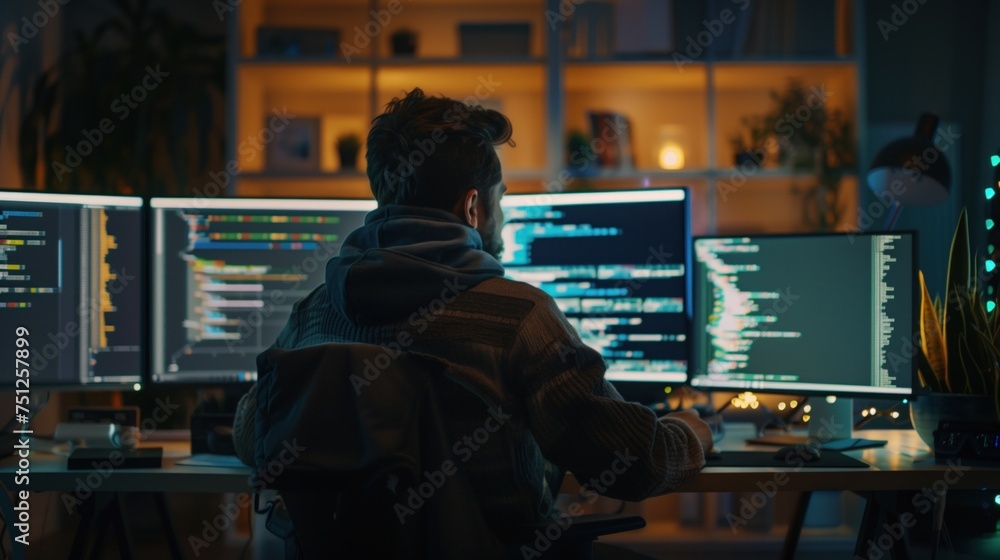 Programmer engrossed in code, bathed in the glow of multiple computer screens in a dimly lit workspace.