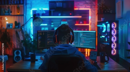 IT Developer Coding with Neon-Glowing PC Screens.