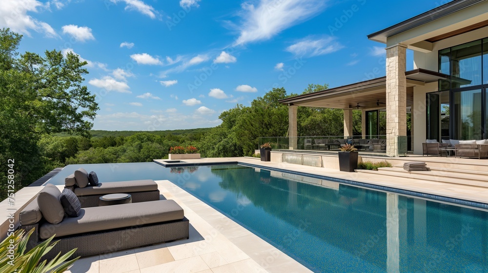 High-definition perfection as a poolside paradise unfolds, showcasing a contemporary pool with vanishing edges and a sleek lounge area