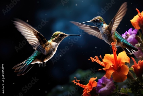 A pair of hummingbirds feeding on honey from a flower , Hummingbirds hovering over brightly colored flowers. Ai generated © Tanu