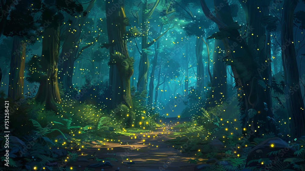 A magical forest illuminated by the soft glow of fireflies dancing among the trees.