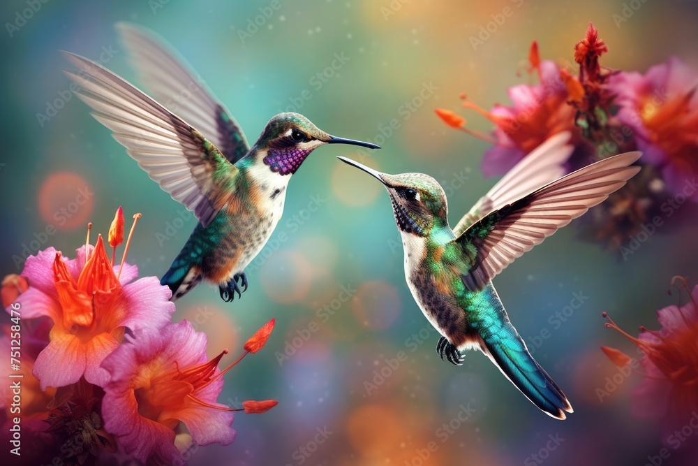 Hummingbirds hovering over brightly colored flowers, Small bird perching on branch vibrant, Ai generated