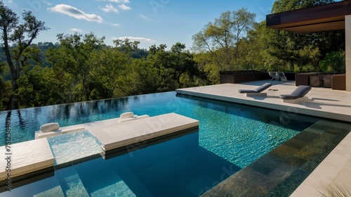 High-definition perfection as a poolside paradise unfolds, showcasing a contemporary pool with vanishing edges and a sleek lounge area