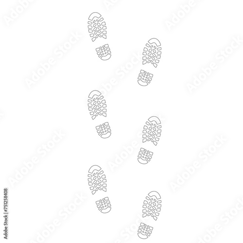 Human step footprints paths. Step by step vector isolated on white background. Trace of foot prints of person in boots. Track from shoe sole prints. Road of human feet.